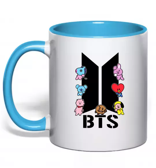 Чашка с цветной ручкой BTS logo з намальованими тваринками Голубой фото
