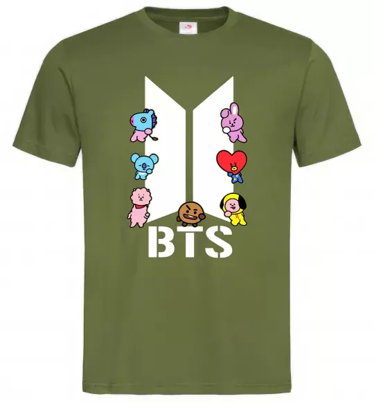 Мужская футболка BTS logo з намальованими тваринками Оливковый фото