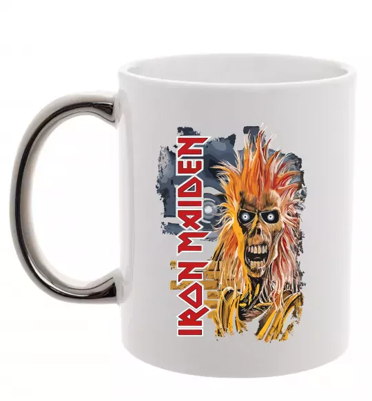 Чашка с цветной ручкой Iron Maiden вертикальний напис Серебро фото