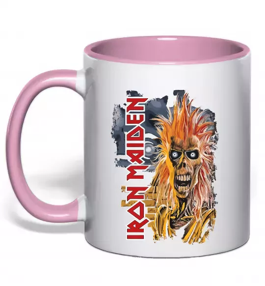 Чашка с цветной ручкой Iron Maiden вертикальний напис Нежно розовый фото