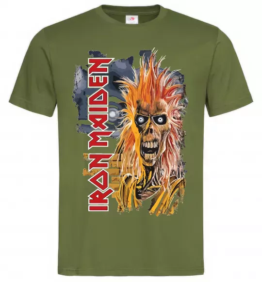 Мужская футболка Iron Maiden вертикальний напис Оливковый фото