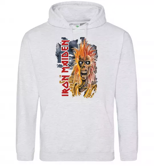 Мужская толстовка (худи) Iron Maiden вертикальний напис Серый меланж фото