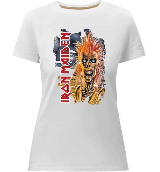 Женская премиум футболка Iron Maiden вертикальний напис Белый фото