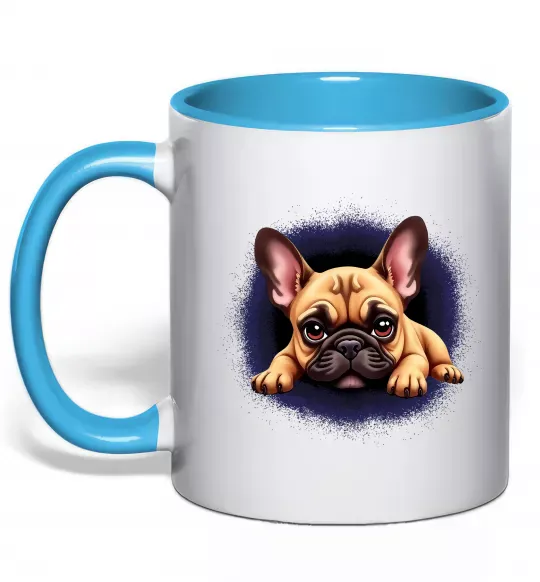 Чашка с цветной ручкой Милий французький бульдог Голубой фото