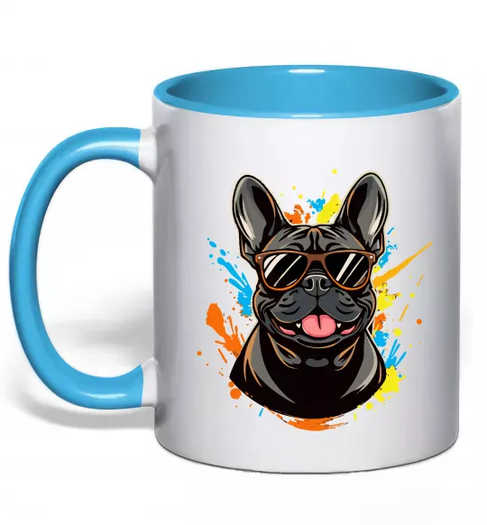 Чашка с цветной ручкой French bulldog sunglasses Голубой фото