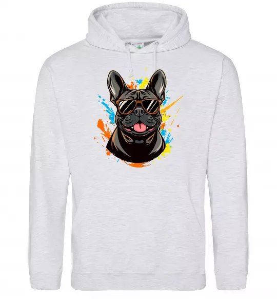 Мужская толстовка (худи) French bulldog sunglasses Серый меланж фото