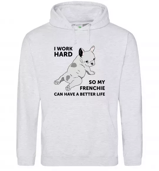 Женская толстовка (худи) I work hard for my frenchie Серый меланж фото