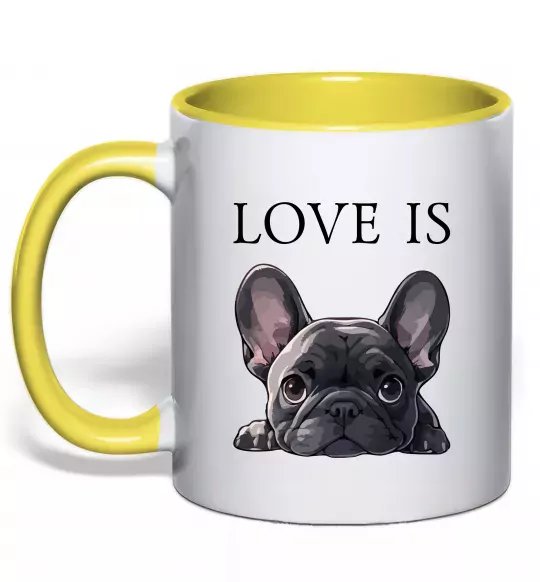 Чашка с цветной ручкой Love is frenchie Солнечно желтый фото