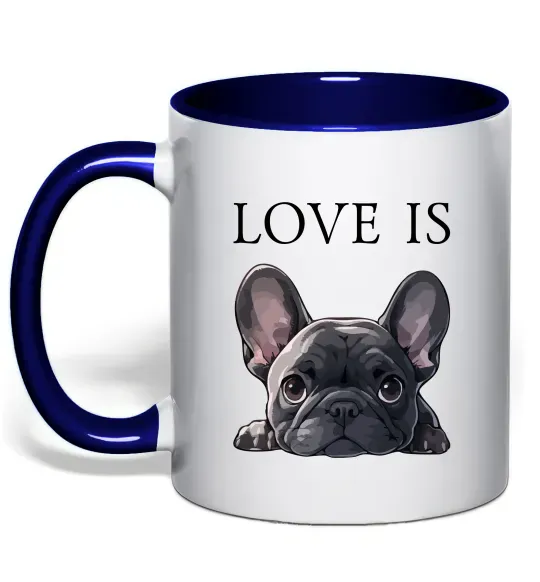 Чашка с цветной ручкой Love is frenchie Глубокий темно-синий фото