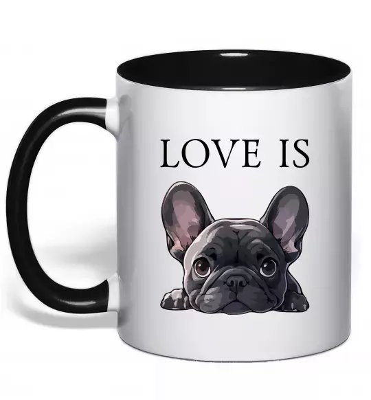 Чашка с цветной ручкой Love is frenchie Черный фото