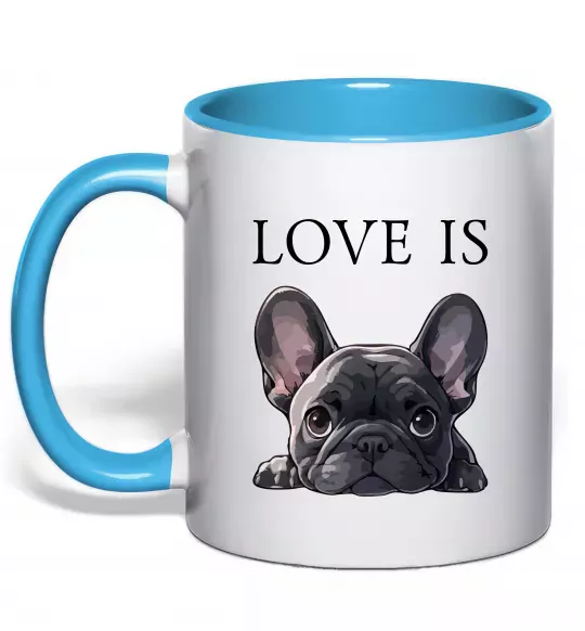 Чашка с цветной ручкой Love is frenchie Голубой фото