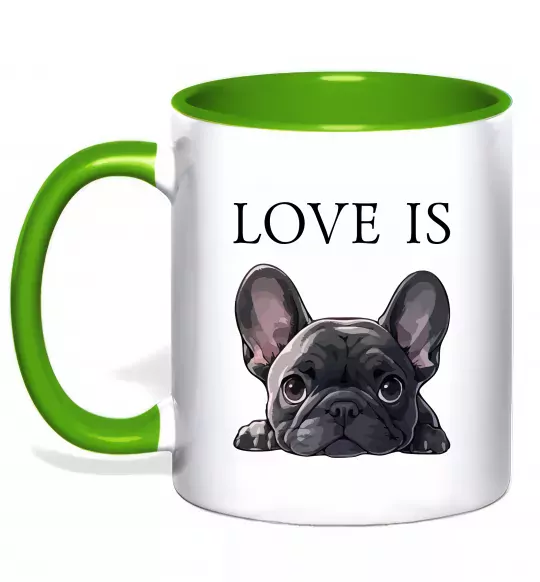 Чашка с цветной ручкой Love is frenchie Зеленый фото