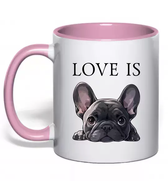 Чашка с цветной ручкой Love is frenchie Нежно розовый фото