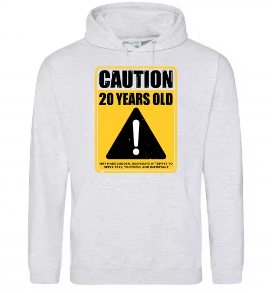 Мужская толстовка (худи) Caution 20 years old Серый меланж фото