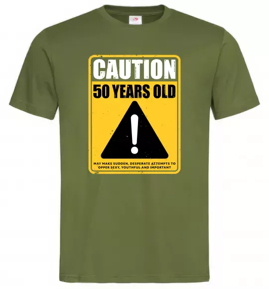 Мужская футболка Caution 50 years old Оливковый фото
