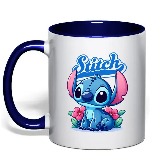 Чашка с цветной ручкой Stitch з квітами Глубокий темно-синий фото