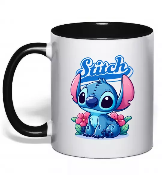 Чашка с цветной ручкой Stitch з квітами Черный фото