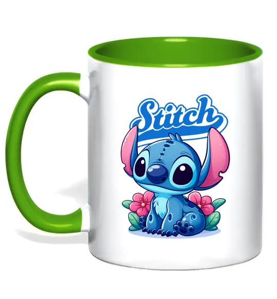 Чашка з кольоровою ручкою Stitch з квітами Лаймовий фото