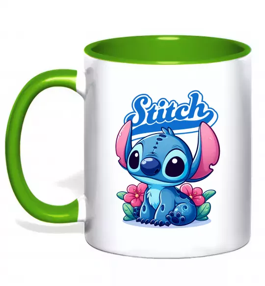 Чашка с цветной ручкой Stitch з квітами Зеленый фото