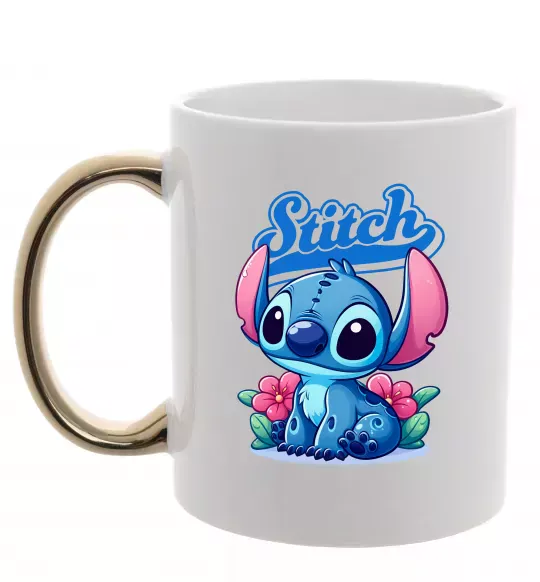 Чашка с цветной ручкой Stitch з квітами Золото фото