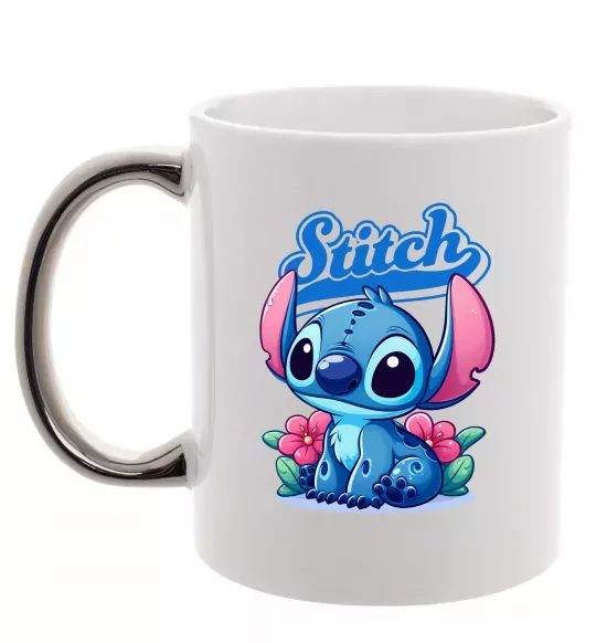 Чашка с цветной ручкой Stitch з квітами Серебро фото
