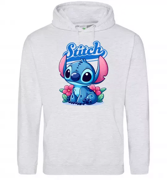 Мужская толстовка (худи) Stitch з квітами Серый меланж фото