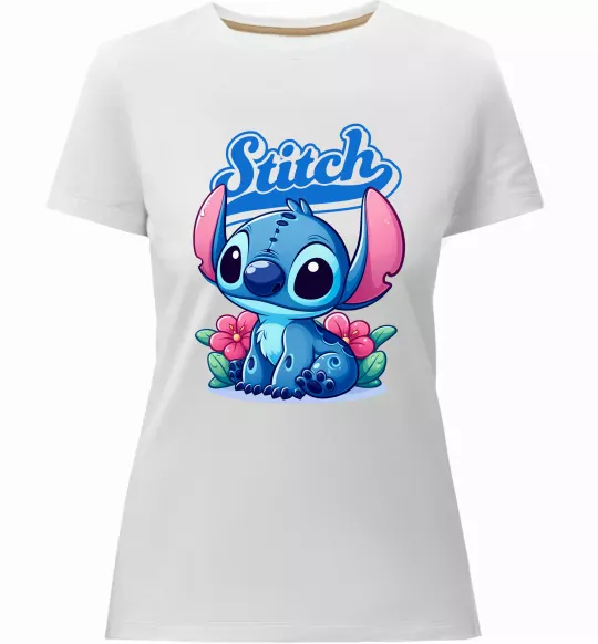 Жіноча преміум футболка Stitch з квітами Білий фото