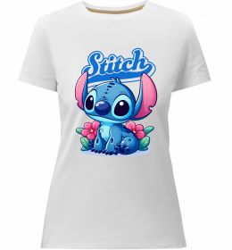 Женская премиум футболка Stitch з квітами