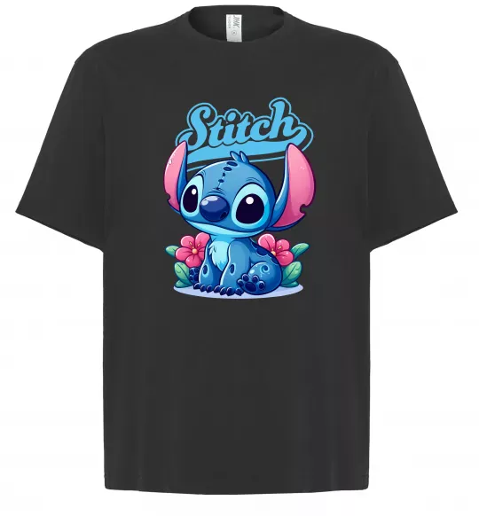 Футболка Оверсайз Stitch з квітами Черный фото