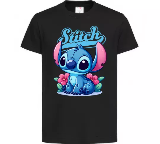 Детская футболка Stitch з квітами Черный фото