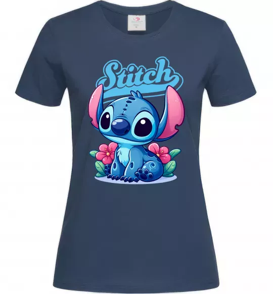 Жіноча футболка Stitch з квітами Темно-синій фото