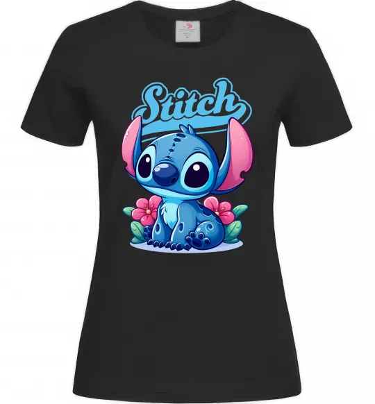 Жіноча футболка Stitch з квітами Чорний фото
