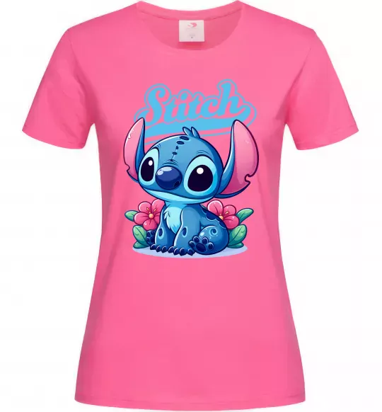 Жіноча футболка Stitch з квітами Яскраво-рожевий фото