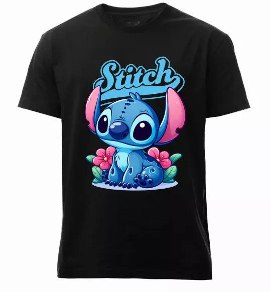 Чоловіча преміум футболка Stitch з квітами Чорний фото