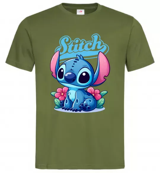 Чоловіча футболка Stitch з квітами Оливковий фото