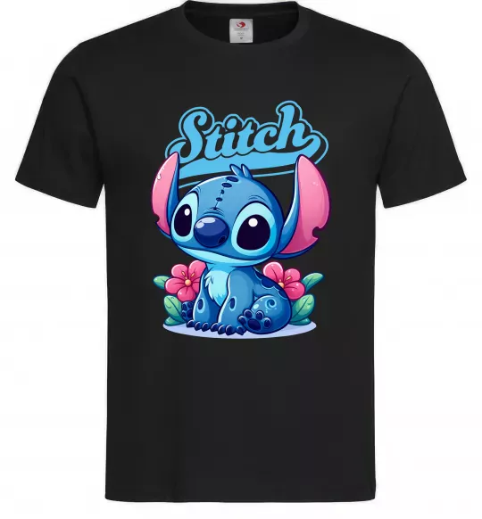 Чоловіча футболка Stitch з квітами Чорний фото