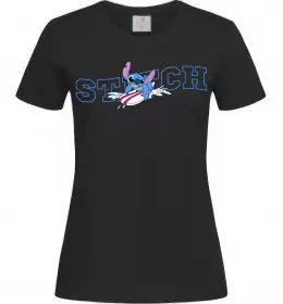 Женская футболка Стіч ловить хвилю Черный фото