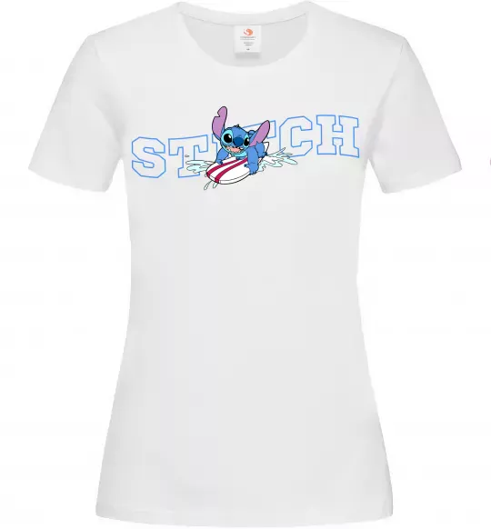 Женская футболка Стіч ловить хвилю Белый фото