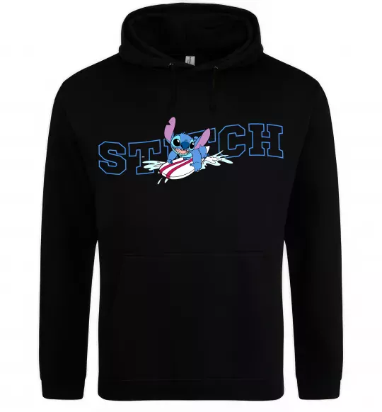 Женская толстовка (худи) Стіч ловить хвилю Черный фото