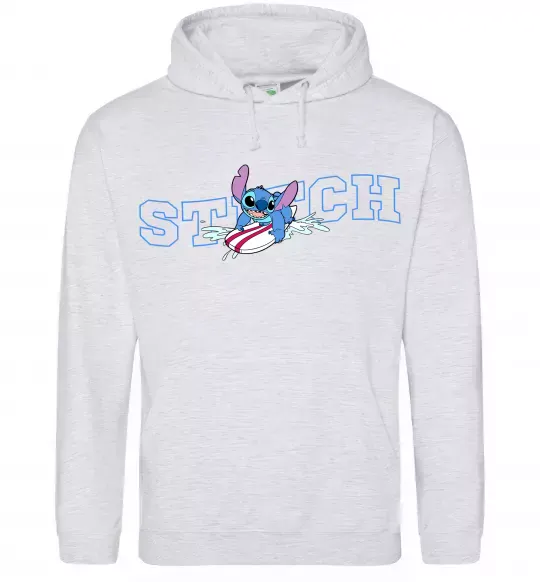 Женская толстовка (худи) Стіч ловить хвилю Серый меланж фото