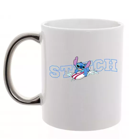 Чашка с цветной ручкой Стіч ловить хвилю Серебро фото