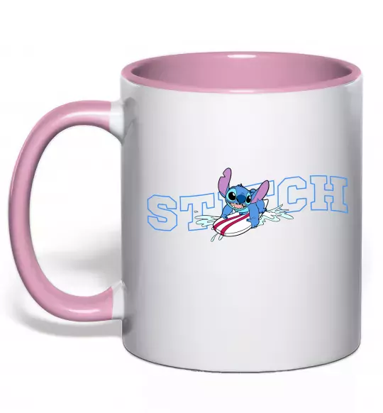 Чашка с цветной ручкой Стіч ловить хвилю Нежно розовый фото