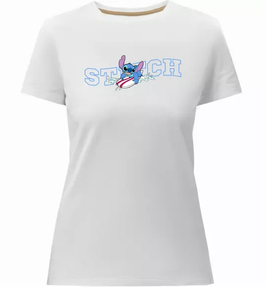 Женская премиум футболка Стіч ловить хвилю Белый фото