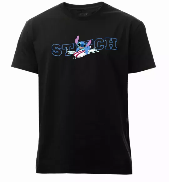 Чоловіча преміум футболка Стіч ловить хвилю Чорний фото