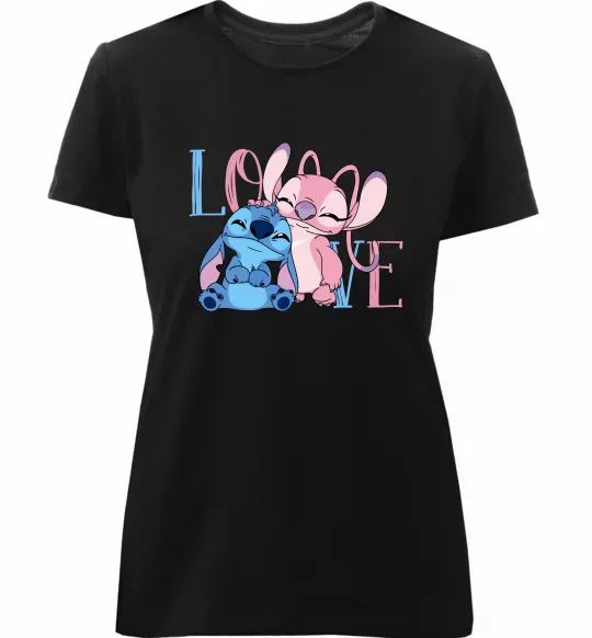 Женская премиум футболка Stitch love Черный фото