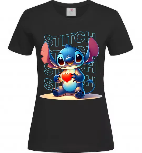 Женская футболка Стіч з сердечком Черный фото