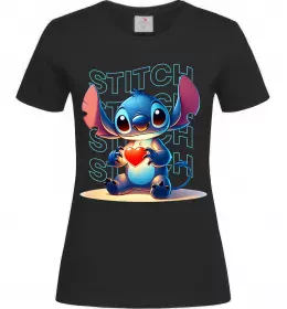 Женская футболка Стіч з сердечком Черный фото