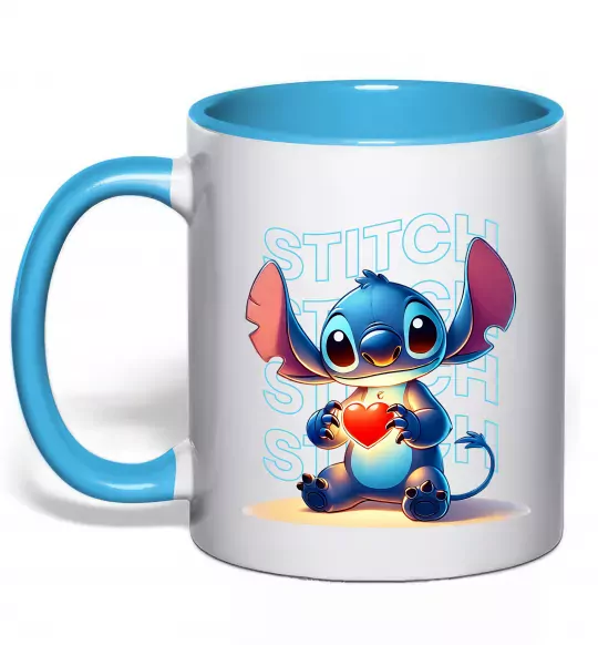 Чашка с цветной ручкой Стіч з сердечком Голубой фото