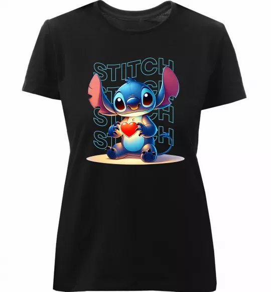 Жіноча преміум футболка Стіч з сердечком Чорний фото