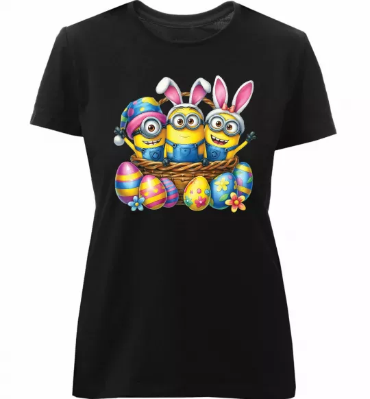 Женская премиум футболка Великодні міньйони Черный фото